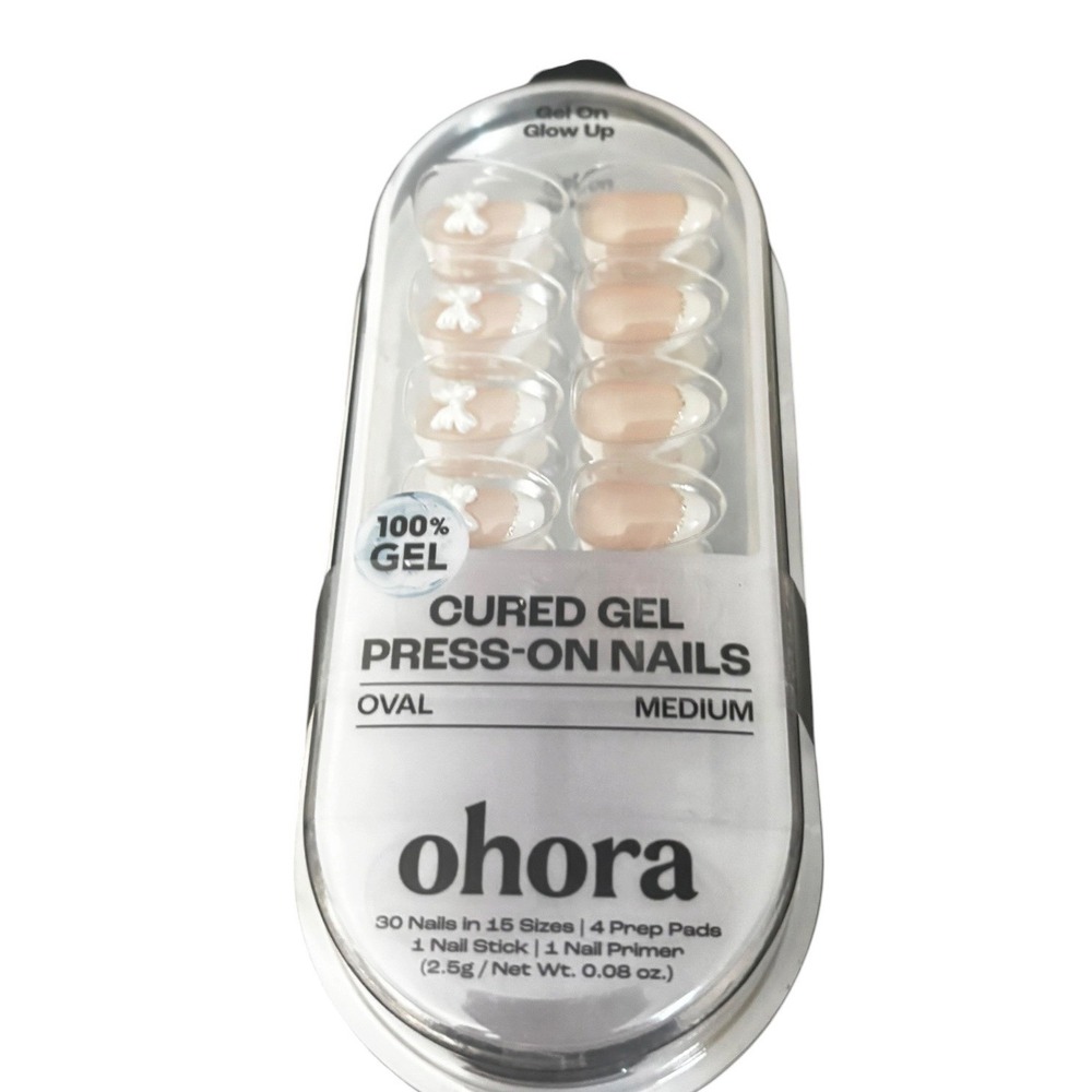 Ohora Cured Gel Press-On Nails Oval Medium French Tip White Bows 32ct New